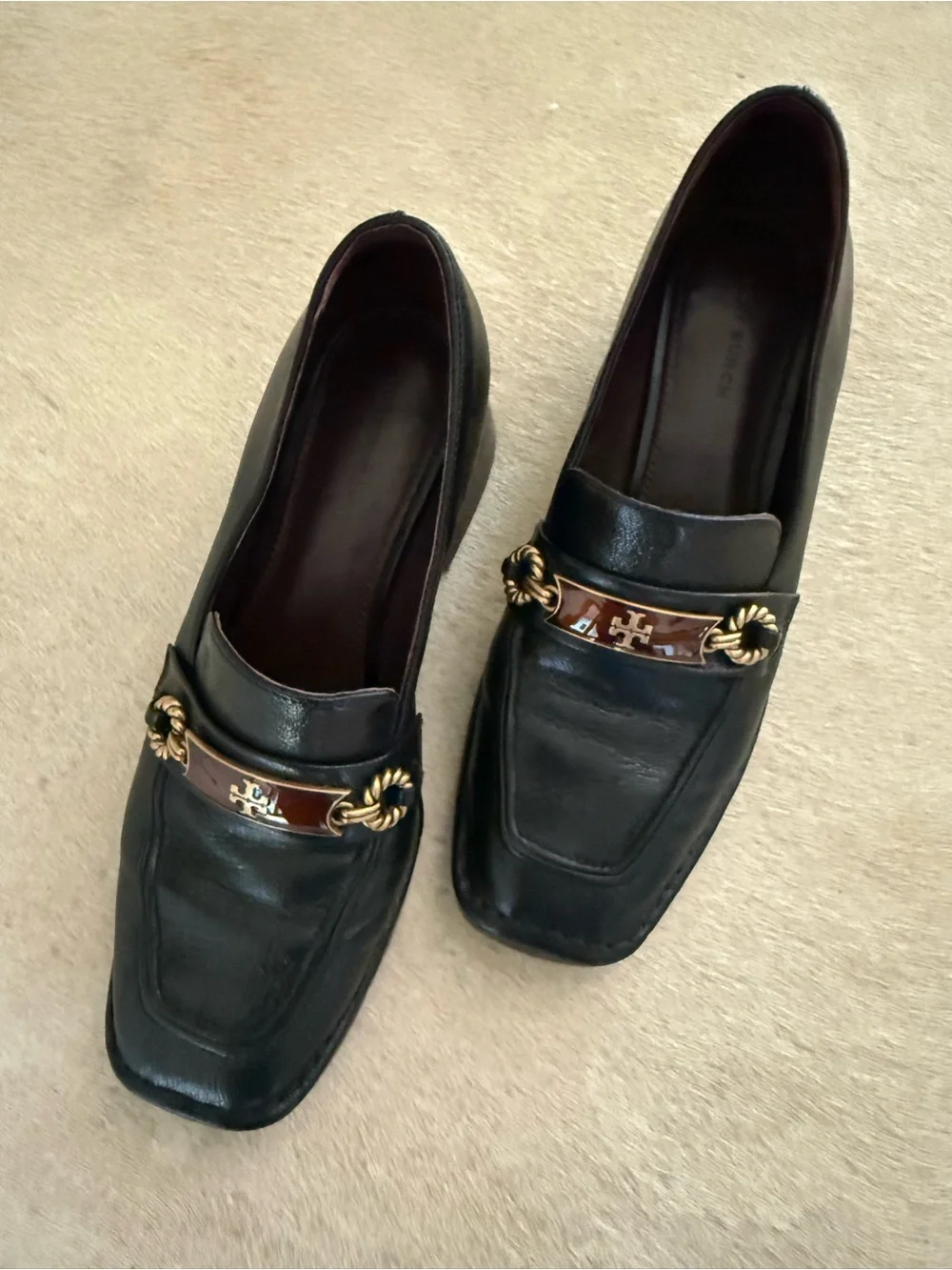 Tory Burch Black Leather Block Heel Loafers with Brown and Gold Trim
